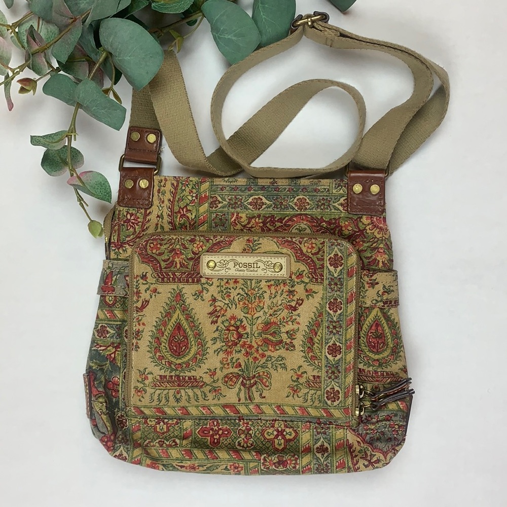 Vintage Fossil Tapestry Canvas Floral Crossbody Bag